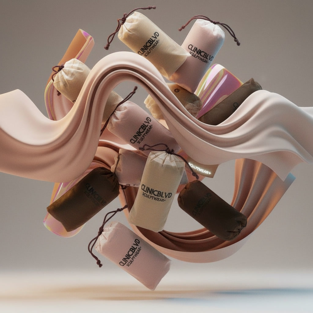 SCULPTWEAR compression fabric swirling in soft nude tones with the brand's drawstring pouches suspended within.